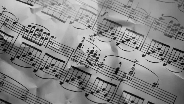 4K Close up of smoke on sheet music of a classical piece. Rotating macro video of a paper with notations for piano with elegant shadows and highlights. Artistic and textured background with smoke.
