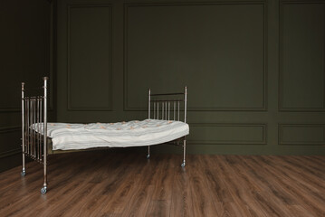 metal bed with mattress in a room with dark green walls and wooden floor