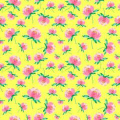 Seamless pattern with pastel pink peonies on yellow background. Template, fabric, textile, scrapbooking, wrapping.