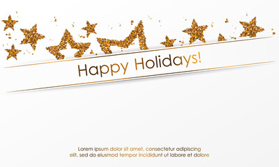 Naklejka premium Banner with stars from golden sparkles, glitter, white paper ribbon and space for text on white background. Vector illustration. Elements for cards, design, wedding, web, invitation, business, party.