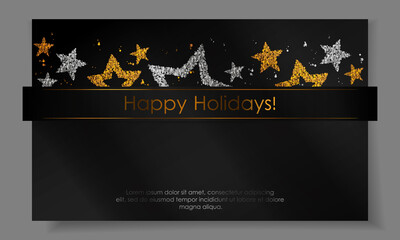 Banner with stars from gold, silver sparkles, glitter, paper ribbon and space for text on black background. Vector illustration. Elements for cards, design, wedding, web, invitation, business, party.