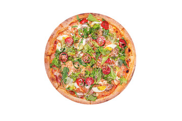 Round appetizing pizza isolated on a white background.