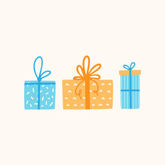 Vector illustration of colorful cute presents, gift boxes with different decorations. Hand drawn cartoon style.	