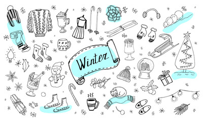 Set of winter doodles. Hand drawing styles winter items. Winter elements drawn in a doodled style. Winter doodles collection.
