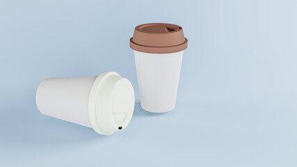 3D rendering disposable  white coffee paper cup on blue 