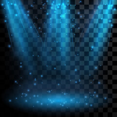 Blue Searchlights, spotlight, ray, beam, on black transparent background. Vector illustration.