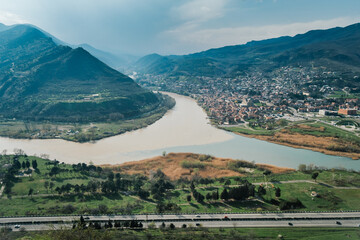 the confluence of two rivers Aragvi and Kura from the height of the Jvari monastery with a...