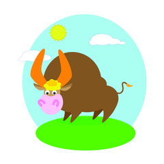 huge cartoon brown, bull on a green lawn