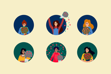 Spring set of a woman and a bouquet of flowers. Charming collection of portraits of girls with an armful of roses for mother's Day. Background concept for Women's day. Feminist beautiful characters