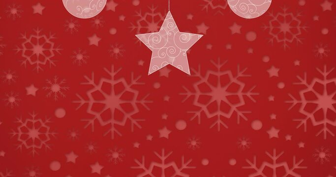 Digital animation of christmas bauble and star decorations against snowflakes print on red backgroun