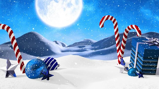 Digital animation of snow falling over christmas candy can