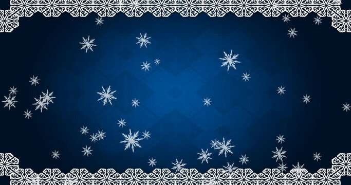 Digital animation of christmas tradition frame over snow flakes falling against blue background