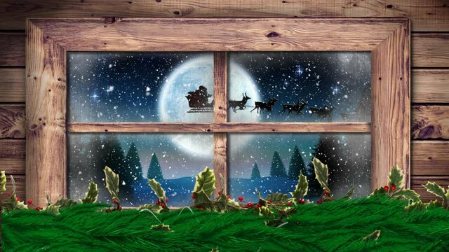 Digital animation of christmas decorations and wooden window frame against black silhouette of santa