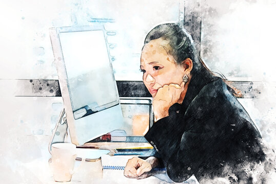 Abstract young secretary is checking the documents on the desk in office on watercolor illustration painting background.