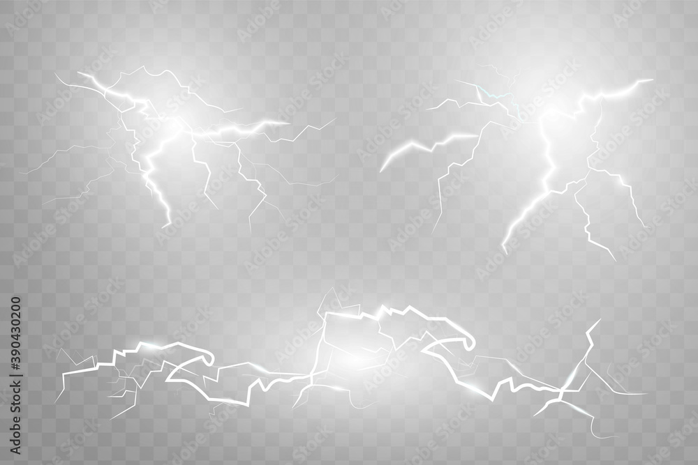Poster Lightning set. Thunderstorm and lightning