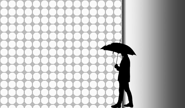 Silhouette of a man with an umbrella in his on an imaginary illusion like background walk. - Powered by Adobe