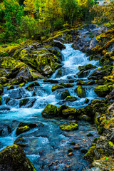 Beautiful waterfall flowing through a forest in lush autumn colors of green and yellow shades.