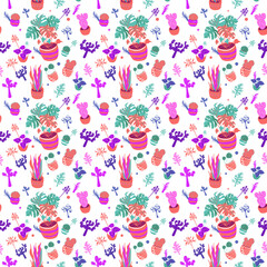 Beautiful retro cactuses, succulents, flowers seamless pattern