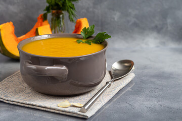 Fresh pumpkin cream soup with sour cream. Autumn lunch concept. A dietary, healthy dish.