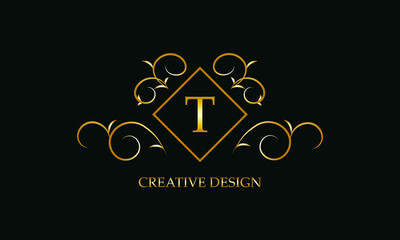 Logo design with monogram element and letter T on dark background. Gold ornament for restaurant, club, boutique, cafe, hotel, business cards.