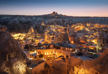 Night view of Goreme, Cappadocia, Turkey. A world-famous tourist center of balloon flight