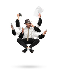 Handsome journalist, multi-armed correspondent levitating isolated on yellow studio background with equipment. Concept of professional occupation, work, job, time management. Multi-task like Shiva.