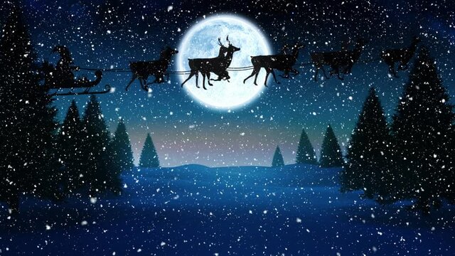 Digital animation of snow falling over multiple trees on winter landscape and black silhouette of sa