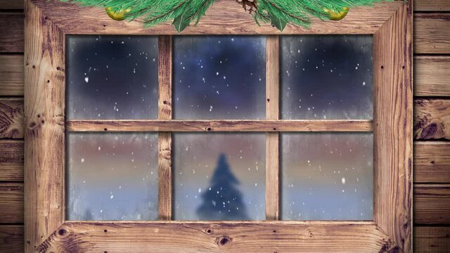 Digital animation of christmas wreath on wooden window frame against snow falling