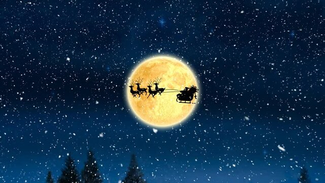 Digital animation of snow falling over black silhouette of santa claus in sleigh