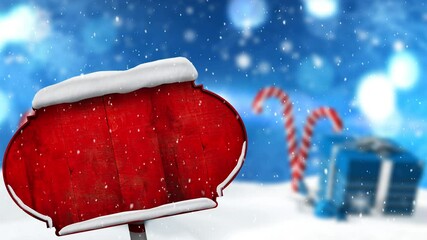 Digital animation of snow falling over red sign post against christmas gift box and candy cane - Powered by Adobe