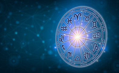 Zodiac signs inside of horoscope circle. Astrology in the sky with many stars and moons  astrology and horoscopes concept