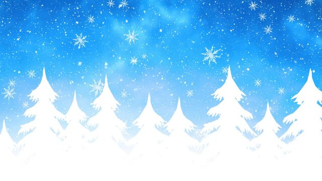 Digital animation of snowflakes falling over trees on winter landscape against blue background