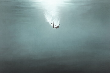 illustration of woman falling underwater, surreal concept - 390434473