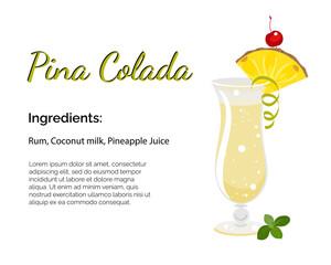 Pina colada cocktail with place for ingredients and recipe isolated on a white background. Cocktail card template. 
