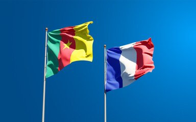Beautiful national state flags of Cameroon and France together at the sky background. 3D artwork concept.