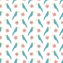 Seamless pattern with cute birds, blue parrots, pink flowers. Can be used to decorate children's clothes, wallpaper, bed linen, notebooks, postcards, cups, dishes