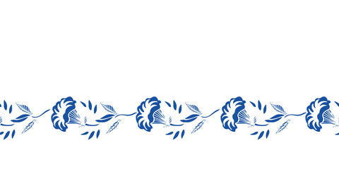 Vector classic porcelain blue floral garland. Royal hand drawn floral seamless design. Blue cutout florals on white background. Elegant nature background. Surface pattern design.