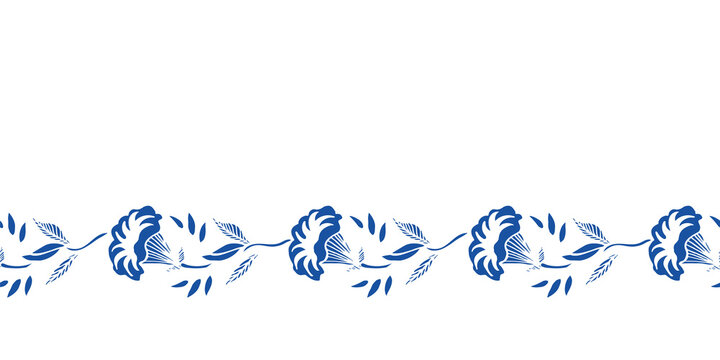 Vector Classic Porcelain Blue Floral Garland. Royal Hand Drawn Floral Seamless Design. Blue Cutout Florals On White Background. Elegant Nature Background. Surface Pattern Design.