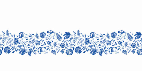 Vector classic porcelain blue floral border. Seamless royal hand drawn baroque design. Blue cutout florals on white background. Elegant nature background. Surface pattern design. - obrazy, fototapety, plakaty
