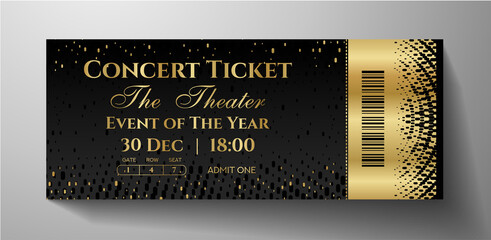 Premium black and gold ticket template design. Shimmery luxury background with abstract golden dots pattern. Useful for VIP invite, any festival, party, theater, event or entertainment show - obrazy, fototapety, plakaty