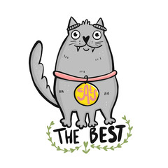 Vector doodle illustration of a domestic gray cat in a collar and lettering cats best friends
