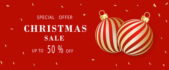 Christmas banner. Background Xmas design of red, golden for winter holiday sale.