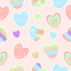 Pattern of multicolored hearts on a soft pink background. Blue pink green striped hearts with stars. Happy Valentine's day. For textiles, packaging, printing, covers