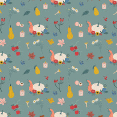 Cute Autumn Pattern Pumpkin and fall leaves vector background. Fall Harvest illustration.