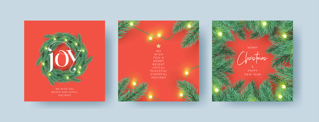 Merry Christmas and Happy New Year Set of backgrounds, greeting cards, Sale posters, holiday covers. Xmas design with frame made of realistic fir tree branches, Christmas wreath and garlands lights