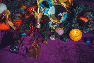 Concept of Christmas divination predictions on tarot cards, magical ball and other magic