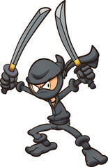 Angry cartoon ninja wielding two swords. Vector clip art illustration with simple gradients. All on a single layer.   © Memoangeles