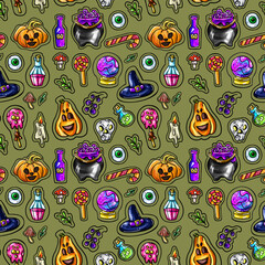 Halloween pattern. Thematic pattern on a green background.