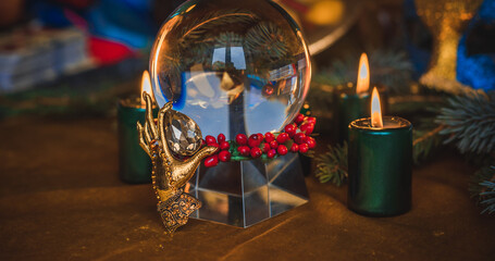 Concept of Christmas divination predictions on tarot cards, magical ball and other magic