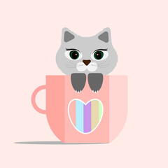 Cat in a Cup. Grey cute kitten in a pink Cup with a heart. Vector illustration. Happy Valentine's day.
